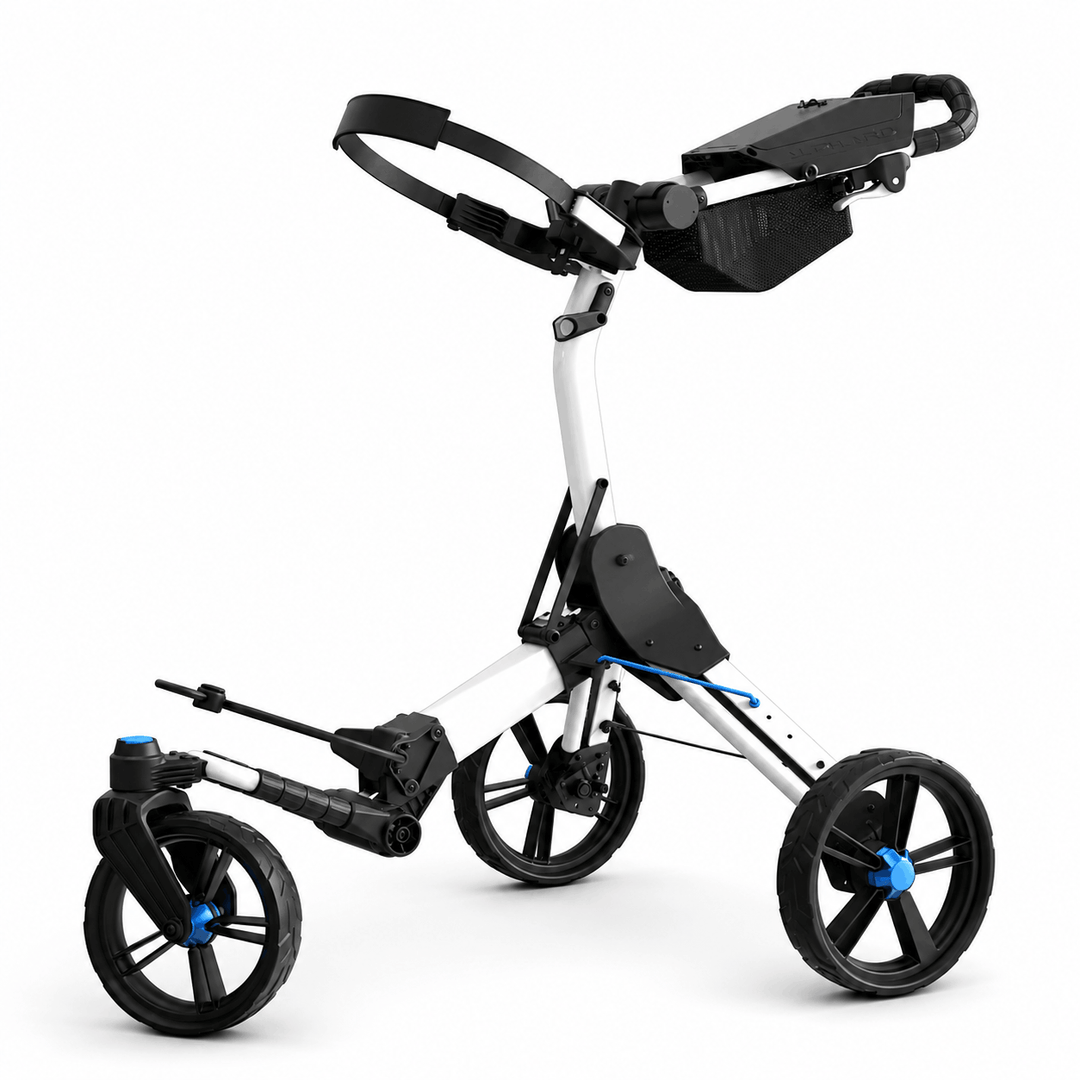 electric bicycle pusher Cybercart Push+ the golf push cart you can upgrade to Electric remote. White with Blue